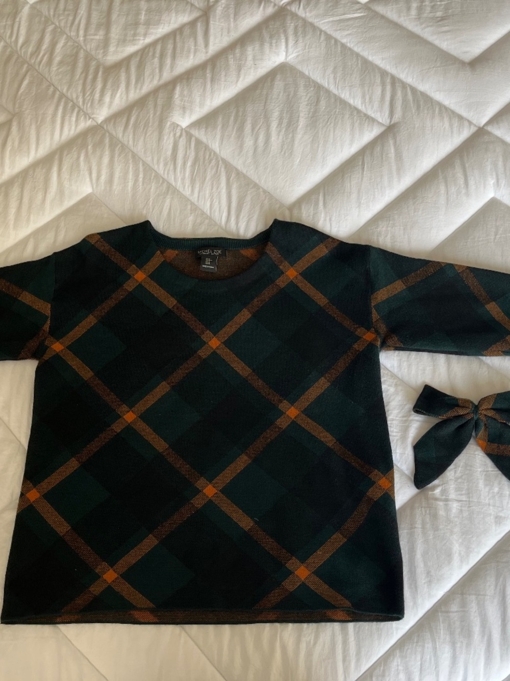 Rachel Zoe Plaid Knit Sweater w/ Matching Bow Green Orange Size M